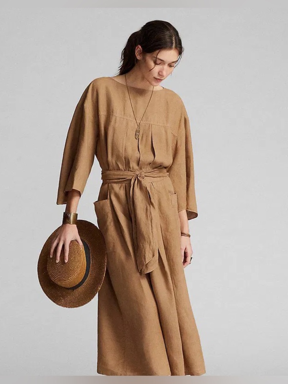 NWT RRL Ralph Lauren Double RL Linen Boatneck Tan Natural Midi Dress Size 4